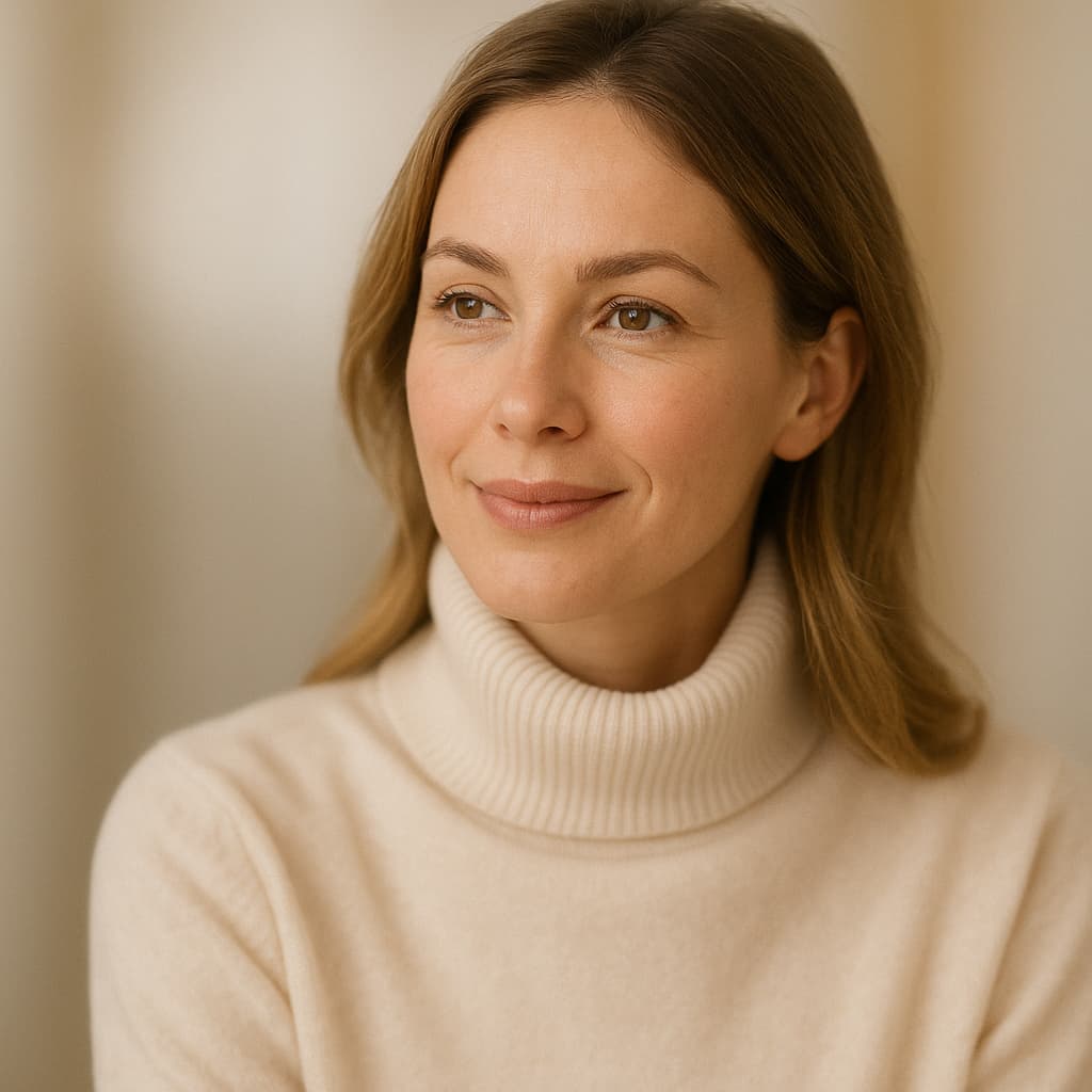 Woman with clear, radiant skin after a VI Peel treatment, smiling softly in a warm, natural setting.