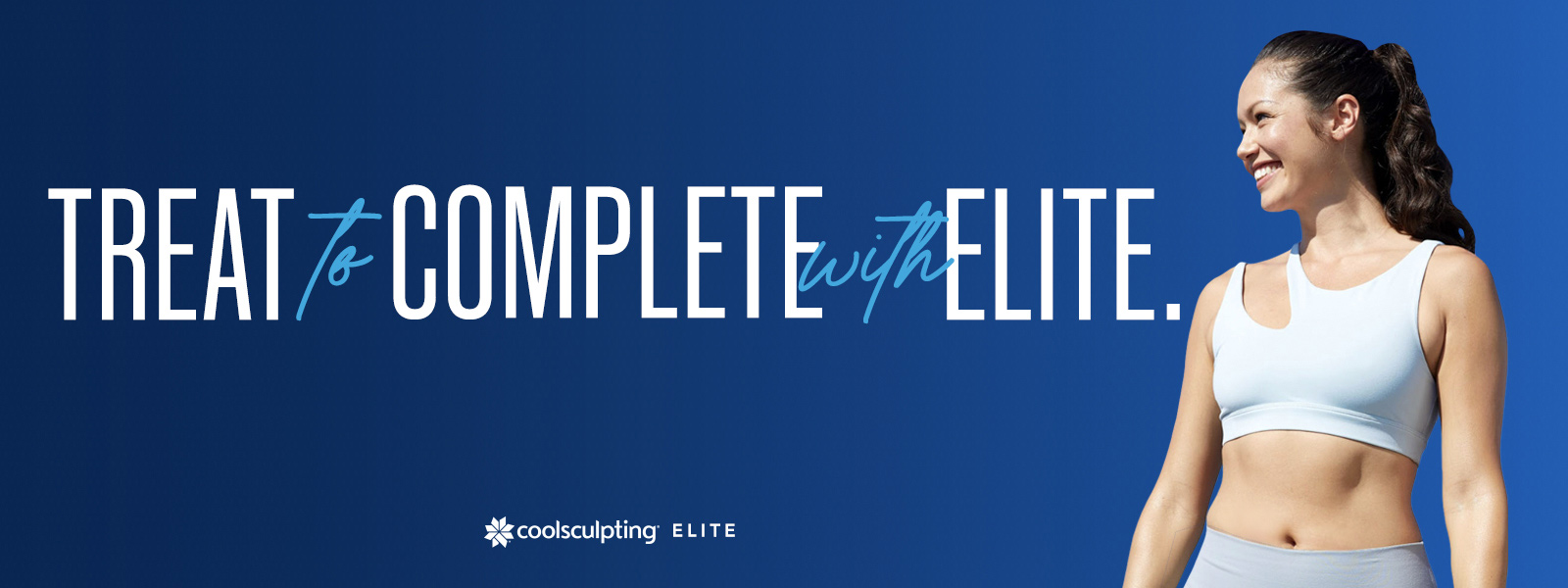 CoolSculpting Elite advertisement showing a patient model in athletic clothing